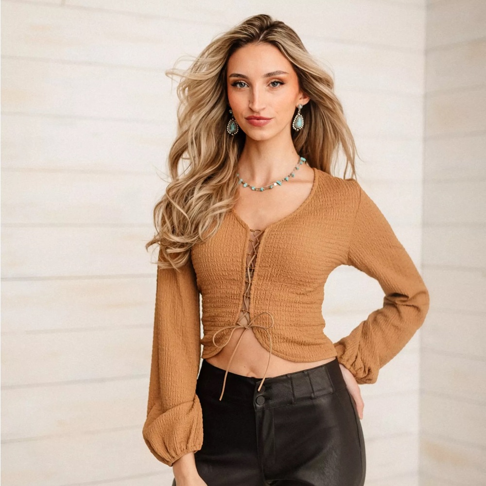 Lace Up Textured Top - Picture 2 of 3
